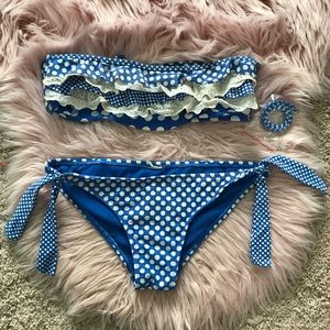 Blue Polka Dot Ruffle Bikini Set